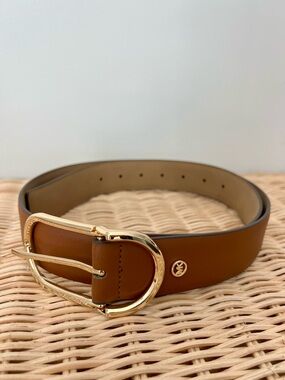 Michael Kors Leather Belt Brown Gold Buckle Logo Detail Size L NWT